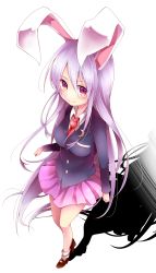Rule 34 | 1girl, animal ears, blazer, blush, breasts, rabbit ears, chikuwa savy, crescent, from above, full body, highres, jacket, large breasts, light purple hair, long hair, long sleeves, looking at viewer, necktie, pleated skirt, red eyes, reisen udongein inaba, shadow, shirt, skirt, smile, solo, standing, touhou, very long hair