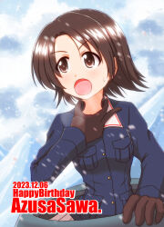 Rule 34 | 1girl, birthday, black gloves, blue jacket, breath, brown eyes, brown hair, character name, dated, day, english text, girls und panzer, gloves, hand on own throat, happy birthday, highres, ishitsu tadashi, jacket, long sleeves, looking to the side, military uniform, mountainous horizon, ooarai military uniform, open mouth, outdoors, parted bangs, pleated skirt, sawa azusa, short hair, skirt, snowing, solo, sweatdrop, tank cupola, throat microphone, uniform, white skirt