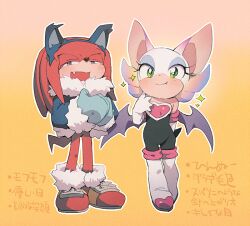 Rule 34 | 1boy, 1girl, alternate costume, animal ear hairband, animal ears, animal nose, aoki (fumomo), arm behind head, bat ears, bat girl, bat wings, black bodysuit, blue eyeshadow, blue gloves, blue hairband, blue jacket, blush, body fur, bodysuit, boots, bottomless, colored tips, covered navel, elbow gloves, eyeshadow, fake animal ears, fang, fang out, full body, fur-trimmed footwear, fur-trimmed jacket, fur-trimmed sleeves, fur collar, fur trim, furry, furry female, furry male, gloves, gradient background, green eyes, hairband, half-closed eyes, hand up, hands up, happy, jacket, japanese text, knuckles the echidna, long hair, long sleeves, looking at viewer, makeup, mittens, multicolored hair, open mouth, orange background, outline, own hands together, purple eyes, purple hair, purple wings, red footwear, red fur, red hair, rouge the bat, shoes, short hair, sidelocks, simple background, smile, snout, sonic (series), sparkle, standing, tail, thigh boots, translation request, white footwear, white fur, white gloves, white hair, white outline, wings, winter clothes