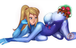 Rule 34 | 1girl, 1other, alien, ass, ass biting, biting, blue bodysuit, blue eyes, bodysuit, breasts, feet out of frame, head rest, impossible bodysuit, impossible clothes, kukumomo, large breasts, light brown hair, long hair, looking back, metroid, metroid (creature), metroid fusion, nintendo, ponytail, samus aran, skin tight, solo focus, top-down bottom-up, white background, zero suit