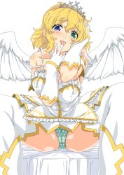 Rule 34 | 10s, 1girl, absurdres, bare shoulders, blonde hair, blue eyes, blush, boots, breasts, cleavage, cleft of venus, dress, feathered wings, frilled dress, frills, gloves, green eyes, hair between eyes, heterochromia, highres, j.h., jewelry, large breasts, licking, licking finger, looking at viewer, necklace, panties, pantyshot, pearl necklace, polka dot, polka dot panties, ryouna (senran kagura), senran kagura, senran kagura shinovi versus, short dress, short hair, sitting, solo, spread legs, tareme, thighhighs, tiara, tongue, tongue out, underwear, white dress, white footwear, white gloves, white thighhighs, white wings, wings