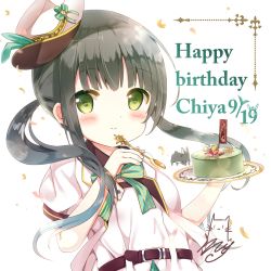 Rule 34 | 1girl, alternate costume, animal, anko (gochiusa), bad id, bad pixiv id, belt, belt buckle, black hair, blush, bow, bowtie, brown belt, buckle, cake, character name, closed mouth, commentary request, confetti, dated, english text, flat chest, food, fruit, gochuumon wa usagi desu ka?, green bow, green bowtie, green eyes, green ribbon, happy birthday, hat, hat ribbon, highres, holding, holding plate, holding spoon, jacket, long hair, looking at viewer, mini hat, plate, puffy short sleeves, puffy sleeves, rabbit, ribbon, ruriruno, short sleeves, sidelocks, signature, smile, spoon, striped bow, striped bowtie, striped clothes, striped neckwear, twintails, ujimatsu chiya, upper body, white background, white hat, white jacket