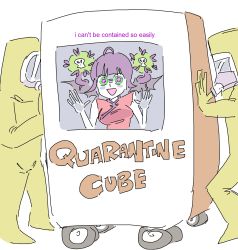 Rule 34 | 1girl, 2others, :d, against glass, ahoge, artist request, bat wings, china dress, chinese clothes, colored skin, corona-chan, coronavirus, dress, english text, hand on glass, hands up, hazmat suit, highres, multiple others, open mouth, original, pale skin, personification, purple hair, pushing, red dress, shaded face, simple background, sketch, smile, solo focus, white background, white skin, wings