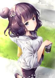 Rule 34 | 1girl, black hair, black pants, casual, closed mouth, contemporary, cropped legs, cup, fate/grand order, fate (series), from above, grass, hair bun, hair ornament, hane yuki, highres, holding, holding cup, hood, hoodie, katsushika hokusai (fate), katsushika hokusai (traveling outfit) (fate), looking at viewer, official alternate costume, pants, purple eyes, short hair, single hair bun, solo, walking, white hoodie