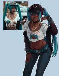 Rule 34 | 1girl, ai-generated art (topic), alternate skin color, baseball cap, belt, black choker, black jacket, blue belt, blue eyes, blue hair, blue pants, bra strap, breasts, chain, chain necklace, choker, commentary, cropped shirt, dark-skinned female, dark skin, earrings, hat, hatsune miku, highres, hoop earrings, jacket, jewelry, long finger, medium breasts, navel piercing, necklace, off shoulder, open mouth, pants, piercing, queruninn, reference inset, solo, twintails, very dark skin, vocaloid