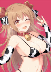 Rule 34 | 1girl, bare shoulders, bell, bikini, blush, breasts, bridal gauntlets, brown eyes, brown hair, cleavage, collarbone, detached sleeves, hair ornament, hair ribbon, horosuke, large breasts, long hair, looking at viewer, navel, neck bell, nozomi (princess connect!), one eye closed, open mouth, pink background, princess connect!, ribbon, smile, solo, suggestive fluid, swimsuit, two side up, white bikini