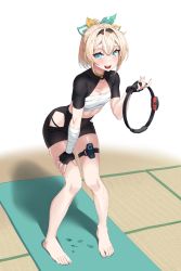 Rule 34 | 1girl, absurdres, ahoge, bandaged arm, bandages, barefoot, black gloves, black hairband, black shorts, blonde hair, blue eyes, blush, breasts, cleavage, commentary, crossed bangs, eropolarb, eyelashes, fingerless gloves, full body, gloves, hair between eyes, hair ornament, hairband, half updo, highres, hip vent, hololive, joy-con, kazama iroha, knees together feet apart, leaf hair ornament, leaning forward, looking at viewer, medium breasts, medium hair, open mouth, ponytail, ring-con, ring fit adventure, sarashi, shadow, short shorts, shorts, shrug (clothing), simple background, skindentation, smile, solo, standing, sweat, sweatdrop, tatami, taut clothes, taut shorts, thigh strap, virtual youtuber, white background, wrist wrap, yoga mat