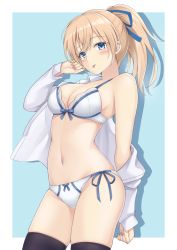Rule 34 | 1girl, arm behind back, arm up, black thighhighs, blonde hair, blue eyes, blue ribbon, blush, bra, breasts, cleavage, closed mouth, feet out of frame, hair ribbon, highres, long hair, looking at viewer, medium breasts, nail polish, navel, open clothes, open shirt, original, panties, pink nails, ponytail, rei (09991), ribbon, shirt, simple background, solo, standing, thighhighs, tongue, tongue out, underwear, white bra, white panties, white shirt