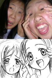 Rule 34 | 2girls, :o, asian, comparison, fang, multiple girls, otaku, photo (medium), sketch