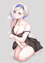 Rule 34 | 1girl, absurdres, asymmetrical hair, babydoll, between legs, black babydoll, blonde hair, blue eyes, blue hair, blue hairband, blush, bottomless, breasts, collarbone, gradient hair, hairband, hand between legs, highres, jean bart (kancolle), jiangyou dang, kantai collection, large breasts, lingerie, medium breasts, mole, mole under eye, multicolored hair, parted bangs, seiza, short hair, sitting, solo, strap slip, sweatdrop, underwear, underwear only