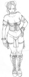 Rule 34 | 1girl, alternate costume, bare shoulders, boots, bracelet, breasts, bun cover, capcom, chun-li, cleavage, corset, cross-laced footwear, double bun, full body, graphite (medium), greyscale, hand on own hip, jewelry, knee boots, lace-up boots, lm (legoman), loincloth, monochrome, sketch, solo, spiked bracelet, spikes, street fighter, thighhighs, traditional media