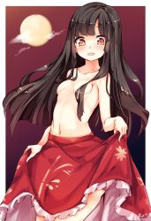 Rule 34 | 1girl, artist name, bad id, bad twitter id, black hair, blush, breasts, clothes lift, collarbone, frilled skirt, frills, full moon, hair censor, highres, hime cut, houraisan kaguya, lifting own clothes, long hair, looking at viewer, maremay0513, moon, navel, open mouth, orange eyes, red skirt, skirt, skirt lift, small breasts, solo, topless, touhou, very long hair