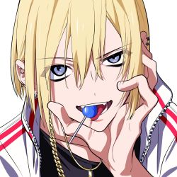 Rule 34 | androgynous, black shirt, blonde hair, blue eyes, candy, ear piercing, eyes visible through hair, fang, food, gender request, hair between eyes, highres, jacket, jewelry, lollipop, looking at viewer, necklace, neguko, open mouth, original, piercing, portrait, shirt, simple background, teeth, tongue, white background
