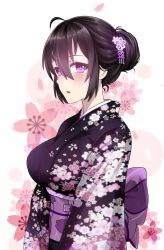 Rule 34 | ahoge, alternate hairstyle, antenna hair, bad id, bad pixiv id, beifeng han, black hair, breasts, cherry blossoms, floral print, from side, glowing, hair between eyes, hair up, japanese clothes, large breasts, looking at viewer, miyaura sanshio, obi, open mouth, original, purple eyes, sash, solo, v arms