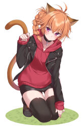 alternate_costume animal_ears black_coat braid cat cat_ears cat_girl cat_tail closed_mouth coat collar contemporary facepaint facial_mark fire_emblem fire_emblem:_path_of_radiance fire_emblem:_radiant_dawn highres jiino kneeling laguz_(fire_emblem) lyre_(fire_emblem) nintendo orange_hair purple_eyes shorts sweater tail white_background