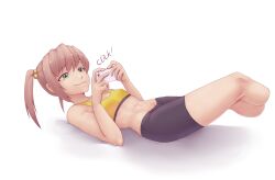 Rule 34 | 1girl, abs, amputee, bike shorts, blonde hair, cellphone, double amputee, full body, green eyes, highres, holding, holding phone, ibarazaki emi, irony, katawa shoujo, legs up, lying, midriff, phone, reqqles, smartphone, smile, smug, solo, sports bra, taking picture, twintails, white background