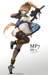 Rule 34 | 1girl, black gloves, black thighhighs, boots, breasts, brown hair, commentary, covered navel, full body, girls&#039; frontline, gloves, gun, hair ornament, headset, highres, holding, holding gun, holding weapon, leg up, leotard, long hair, medium breasts, mole, mole under eye, original, purple eyes, sky of morika, solo, submachine gun, suppressor, thighhighs, very long hair, weapon