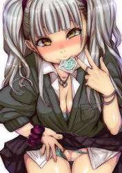 Rule 34 | 1girl, beckoning, blue bra, blue panties, blunt bangs, blush, bra, breasts, brown eyes, censored, cleavage, clothing aside, condom, condom in mouth, harurunn, jewelry, long hair, looking at viewer, mosaic censoring, mouth hold, necklace, original, panties, panties aside, school uniform, silver hair, skirt, smile, solo, twintails, underwear, w