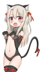 Rule 34 | 1girl, :d, animal ears, animal hands, black gloves, black hairband, black leotard, black thighhighs, blush, cat ears, cat girl, cat tail, center opening, commentary request, cowboy shot, elbow gloves, fake animal ears, fang, fate/kaleid liner prisma illya, fate (series), fur-trimmed gloves, fur trim, gloves, hair between eyes, hair ribbon, hairband, hand up, hands up, highres, illyasviel von einzbern, jiu (sdesd3205), leotard, light brown hair, long hair, looking at viewer, navel, official alternate costume, open mouth, paw gloves, red eyes, red ribbon, ribbon, simple background, smile, solo, stomach, tail, tail ornament, tail ribbon, thighhighs, two side up, very long hair, white background
