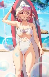 Rule 34 | 1girl, :o, beach, beach chair, blonde hair, blue sky, breasts, bubble, collarbone, eyewear on head, hair between eyes, hair ribbon, highleg, highleg swimsuit, highres, holding, holding surfboard, large breasts, looking at viewer, lycoris recoil, nishikigi chisato, ocean, one-piece swimsuit, palm leaf, red eyes, red flag, red ribbon, ribbon, short hair, sky, solar (happymonk), solo, sunglasses, surfboard, swimsuit, white one-piece swimsuit