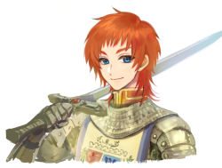 Rule 34 | 1boy, armor, blue eyes, chainmail, closed mouth, commentary request, emblem, gauntlets, holding, holding sword, holding weapon, knight (ragnarok online), looking at viewer, male focus, medium hair, misuguu, orange hair, pauldrons, ragnarok online, shoulder armor, simple background, smile, solo, sword, tabard, upper body, weapon, white background