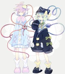 Rule 34 | 2girls, :3, ;|, adapted costume, animal hat, black eyes, black footwear, black headwear, black jacket, blue jacket, blush stickers, bow, bowtie, buttons, cat hat, cat slippers, closed mouth, collared shirt, commentary, diamond button, doily, earmuffs, frilled shirt collar, frills, full body, green bow, green eyes, green hair, grey background, hair between eyes, hair ornament, hand up, hat, hat bow, heart, heart button, heart hair ornament, heart of string, highres, jacket, komeiji koishi, komeiji satori, long sleeves, looking at viewer, messy hair, multiple girls, nikorashi-ka, off shoulder, one eye closed, pink eyes, pink footwear, pink hair, shirt, short hair, siblings, simple background, sisters, sleeves past fingers, sleeves past wrists, slippers, socks, standing, third eye, touhou, white socks, yellow bow, yellow bowtie, yellow shirt, yellow socks