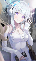 Rule 34 | 3girls, absurdres, alternate costume, alternate hairstyle, bag, blue archive, blush, cellphone, closed mouth, dress, fingernails, grey hair, halo, highres, holding, holding phone, jewelry, light smile, long hair, looking at viewer, mechanical halo, momomoi momoi, multiple girls, nail polish, necklace, noa (blue archive), orange nails, phone, purple eyes, shoulder bag, sleeves past wrists, smartphone, solo focus, white dress