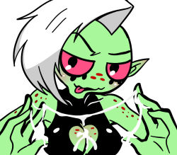 Rule 34 | 1girl, breasts, cleavage, colored sclera, colored skin, cum, cum string, freckles, green skin, lord dominator, pink sclera, side cut, silver hair, simple background, solo, tongue, tongue out, wander over yonder, white background