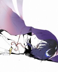 Rule 34 | 1boy, artist logo, black eyeliner, covered face, crying, crying with eyes open, eyeliner, genshin impact, highres, instagram username, jewelry, lying, makeup, male focus, mint-tan, necklace, on back, parted lips, purple eyes, purple hair, red eyeliner, scaramouche (genshin impact), scaramouche (kabukimono) (genshin impact), shadow, simple background, solo, tears, twitter username, white background