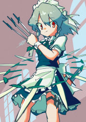 Rule 34 | absurdres, artist request, between fingers, grey hair, highres, holding, holding knife, holster, izayoi sakuya, knife, knives between fingers, maid, red eyes, standing, time stop, touhou, window