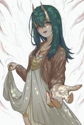 Rule 34 | 1girl, :d, akatsuki (akatsukinotsuki), dappled sunlight, dress, glint, green eyes, green hair, hair between eyes, highres, horns, jewelry, lifting own clothes, long hair, looking at viewer, necklace, open mouth, outstretched hand, smile, solitar (sousou no frieren), solo, sousou no frieren, standing, sunlight