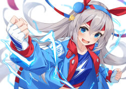 Rule 34 | 1girl, animal ears, blue eyes, blue hairband, blue jacket, blush, clenched hands, electricity, fang, fingerless gloves, gloves, hachinatsu, hairband, highres, horse ears, horse girl, horse tail, jacket, long hair, looking at viewer, open mouth, silver hair, simple background, smile, solo, tail, tamamo cross (umamusume), teeth, umamusume, white background, white gloves