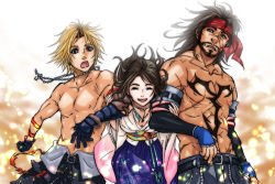 Rule 34 | 00s, 1girl, 2boys, age difference, alternate costume, applemac, bandana, belt, blonde hair, blue eyes, brown eyes, brown hair, chest tattoo, dissidia 012 final fantasy, dissidia final fantasy, downblouse, earrings, closed eyes, facial hair, father and son, final fantasy, final fantasy x, gloves, hakama, hakama skirt, headband, highres, japanese clothes, jecht, jewelry, large sleeves, multiple boys, muscular, navel, necklace, open mouth, scar, skirt, smile, tattoo, tidus, topless, topless male, wide sleeves, yuna, yuna (ff10)
