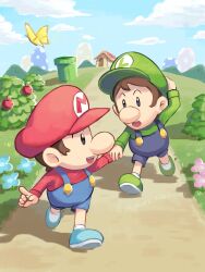 Rule 34 | 2boys, baby luigi, baby mario, blue footwear, blue overalls, blue sky, brothers, bug, building, bush, butterfly, flower, food, fruit, grass, green footwear, green headwear, green shirt, hat, highres, insect, luigi, mario, mario (series), multiple boys, nintendo, open mouth, outdoors, overalls, path, red headwear, red shirt, road, shirt, shoes, siblings, sky, teeth, upper teeth only, warp pipe, ya mari 6363, yellow butterfly