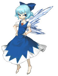 Rule 34 | 1girl, bad anatomy, bad id, bad pixiv id, barefoot, blue eyes, blue hair, bow, cirno, embodiment of scarlet devil, feet, female focus, hair bow, hands on own hips, highres, kazeto, matching hair/eyes, parody, short hair, smile, solo, style parody, touhou, wings