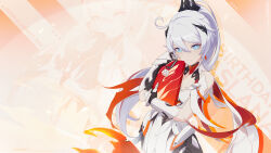 Rule 34 | 1girl, ahoge, armor, crown, english text, eyebrows hidden by hair, gift, highres, holding, holding gift, honkai (series), honkai impact 3rd, kiana kaslana, kiana kaslana (herrscher of flamescion), looking at viewer, official art, official wallpaper, ponytail, smile, solo, upper body, white armor, white background, white hair