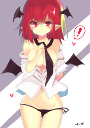 Rule 34 | !, 1girl, :t, absurdres, alternate hair length, alternate hairstyle, angry, bat wings, black necktie, black panties, blue background, blush, breasts, cleavage, collarbone, commentary request, convenient censoring, dress shirt, frown, hair between eyes, head wings, heart, highres, koakuma, looking at viewer, low wings, lowleg, lowleg panties, medium breasts, necktie, no bra, open clothes, open shirt, panties, pointy ears, pout, red eyes, red hair, shirt, short hair, side-tie panties, simple background, solo, te toga, touhou, underwear, white background, white shirt, wings