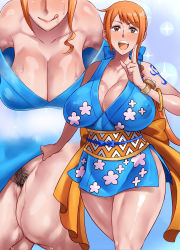 Rule 34 | 1girl, absurdres, arm tattoo, bare shoulders, blue kimono, bracelet, breasts, cleavage, duplicate, female pubic hair, haikawa hemlen, hanging breasts, highres, huge breasts, japanese clothes, jewelry, kimono, large breasts, lips, nami (one piece), one piece, open mouth, orange hair, pubic hair, shoulder tattoo, source request, tagme, tattoo, arm tattoo, thick thighs, thighs, tongue, tongue out