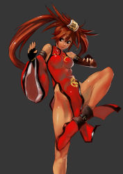 Rule 34 | 1girl, arc system works, asymmetrical clothes, bare shoulders, breasts, brown eyes, china dress, chinese clothes, detached sleeves, dress, fighting stance, guilty gear, impossible clothes, kuradoberi jam, long hair, no panties, side slit, solo, standing, standing on one leg, tan, unizama, very long hair