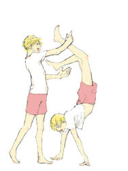 Rule 34 | 2boys, blonde hair, cain, galerians, handstand, happy, lowres, multiple boys, rion (galerians), short hair, siblings, simple background, smile, twins, white background
