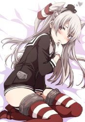 Rule 34 | 10s, 1girl, amatsukaze (kancolle), blush, brown eyes, clothed masturbation, dress, female masturbation, finger in own mouth, garter straps, gloves, hat, kantai collection, long hair, lying, masturbation, masturbation through clothes, mini hat, nagami yuu, on side, personification, sailor dress, school uniform, serafuku, short dress, silver hair, single glove, solo, striped clothes, striped thighhighs, sweat, thighhighs, twintails, two side up, zettai ryouiki