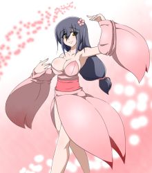 Rule 34 | 1girl, armpits, bad id, bad pixiv id, bare shoulders, black hair, breasts, bursting breasts, cleavage, dancing, detached sleeves, female focus, flower, hair ornament, highres, japanese clothes, kaz (shade), large breasts, legs, long hair, skirt, solo, standing, yellow eyes