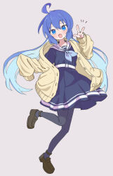 Rule 34 | 1girl, 7takada, :o, ahoge, alternate costume, anklet, belt, black pantyhose, blue dress, blue eyes, blue hair, blue neckerchief, blush, brown footwear, cardigan, colored inner hair, commentary request, dress, fang, floating hair, foot up, full body, grey background, hand up, hands up, highres, jewelry, loafers, long hair, long sleeves, low twintails, multicolored hair, neckerchief, notice lines, off shoulder, open cardigan, open clothes, open mouth, otomachi una, pantyhose, pleated dress, sailor collar, sailor dress, shoes, solo, standing, standing on one leg, twintails, vocaloid, w, white belt, white sailor collar, yellow cardigan