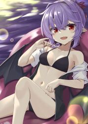 Rule 34 | 1girl, akisome hatsuka, bat wings, bikini, black bikini, black jacket, breasts, commentary request, feet out of frame, hair intakes, hood, hooded jacket, jacket, navel, pointy ears, purple hair, red eyes, remilia scarlet, small breasts, smile, solo, swimsuit, touhou, water, wings