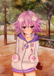 Rule 34 | 10s, 1girl, arms behind back, blush, box, brick, chocolate, choker, collarbone, cowboy shot, d-pad, drawstring, evening, ex idol, female focus, fence, gift, gift box, hair ornament, holding, holding gift, hood, hood down, hoodie, jacket, looking at viewer, miniskirt, neptune (neptunia), neptune (series), outdoors, park, pavement, pole, purple eyes, purple hair, short hair, skirt, solo, spiked hair, tree, valentine, wavy mouth