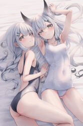 Rule 34 | 2girls, amane utata, animal ears, armpits, arms up, ass, bed sheet, black one-piece swimsuit, blush, breasts, brown eyes, closed mouth, collarbone, commentary request, competition swimsuit, covered navel, crossed bangs, fox ears, grey hair, hair ornament, hairclip, highres, light frown, long hair, looking at viewer, low-braided long hair, low-tied long hair, lying, multiple girls, old school swimsuit, on back, on side, one-piece swimsuit, original, school swimsuit, small breasts, smile, swimsuit, thighs, twitter username, very long hair, white one-piece swimsuit