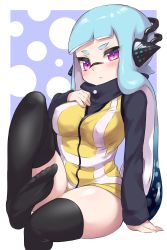 Rule 34 | 1girl, agent 3 (splatoon), black shirt, black thighhighs, blue background, blue hair, blunt bangs, blush, border, breasts, closed mouth, commentary, covered erect nipples, frown, hand on own chest, headgear, highres, inkling, inkling girl, inkling player character, leg up, long hair, long sleeves, looking at viewer, nintendo, no pants, outside border, penguin maru (penginmaru), purple eyes, shirt, sitting, solo, splatoon (series), splatoon 1, squidbeak splatoon, tentacle hair, thighhighs, vest, white border, yellow vest