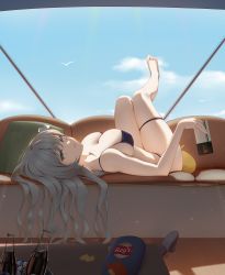 Rule 34 | 1girl, absurdres, azur lane, barefoot, bikini, brand name imitation, breasts, cellphone, chips (food), cleavage, collarbone, couch, food, glass, grey eyes, grey hair, highres, icycore, large breasts, legs up, long hair, looking at viewer, lying, on back, phone, skindentation, sky, smartphone, solo, swimsuit, thigh strap, upside-down, vittorio veneto (azur lane), vittorio veneto (the flower of la spezia) (azur lane)