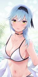 Rule 34 | 1girl, absurdres, akkii (hnahon), bikini, black hairband, blue hair, breasts, choker, cleavage, closed mouth, commentary request, cowboy shot, eula (genshin impact), genshin impact, hairband, highres, light smile, looking at viewer, medium breasts, medium hair, navel, solo, swimsuit, wet, white bikini, yellow eyes