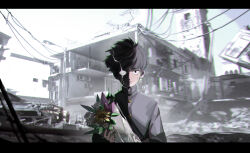 Rule 34 | 1boy, :|, absurdres, apartment, black border, black eyes, black hair, blurry, blurry background, border, bouquet, bowl cut, city, closed mouth, commentary, corruption, crying, crying with eyes open, dark persona, destruction, english commentary, flower, formal, gakuran, highres, holding, holding bouquet, jacket, kageyama shigeo, long sleeves, looking at viewer, mob psycho 100, outdoors, school uniform, shirt, short hair, solo, suit, tears, user jcym8788, wide shot
